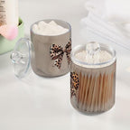 Fustylead 4 Pack Brown Bow with Leopard Skin Plastic Apothecary Jars with Lid, Bathroom Vanity Storage Organizer Canister for Qtip, Cotton Ball, Swab, Round Pads, Floss - Image 4