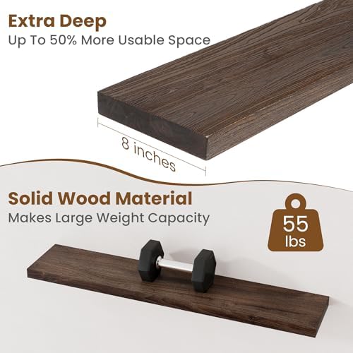 Floating Shelves for Wall Decor, 8 Inch Deep Rustic Solid Elm Wood Floating Shelves Wall Mounted, Wall Shelves with Invisible Bracket for Living Room Bathroom Bedroom Kitchen, 40 Inch Set of 1, Walnut - Image 5