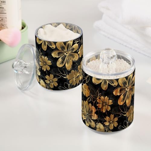 Fustylead 4 Pack Black and Gold Floral Qtip Holder Dispensers for Cotton Swab, Ball, Round Pads, Floss, Plastic Apothecary Jar Set for Bathroom Canister Storage - Image 4