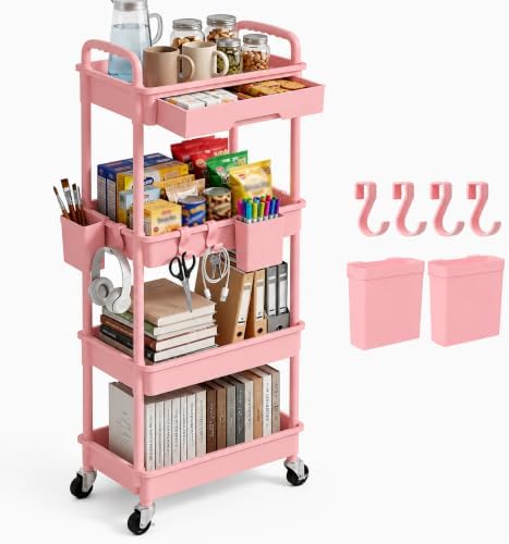 4 Tier Rolling Utility Cart with Drawer, Plastic Storage Organizer Rolling Carts with Wheels Handles Hanging Cups Hooks for Office, Bathroom, Kitchen,Craft Art Room (Pink) by LLMRR