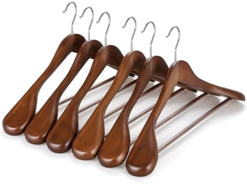 TOPIA HANGER Wide Shoulder Wooden Hangers, Suit Hangers with Non Slip Pants Bar & 360° Swivel Hook, Solid Wood Heavy Duty Coat Hanger, 6 Pack (Walnut)-CT02WA by TOPIAHANGER