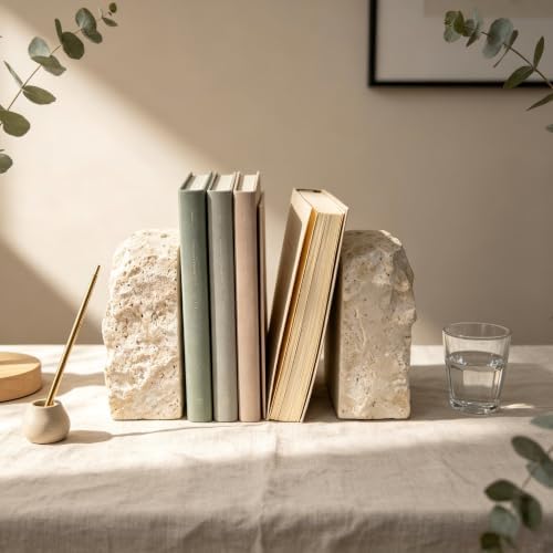 Heavy Duty Travertine Bookends for Heavy Books - 15Lb Decorative Stone Book Ends Set of 2 for Shelves Desk, Natural Organic Modern Book Stoppers for Home Office Coffee Table Cookbooks Bookshelf Decor - Image 2