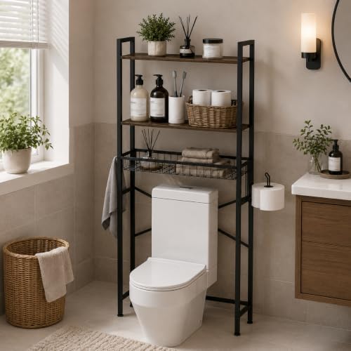 Over The Toilet Storage Rack, 3-Tier Bathroom Organizer Shelf with Toilet Paper Holder & 3 Hooks, Freestanding Metal Over Toilet Storage Shelves for Small Bathroom Spaces, Brown by Unknown