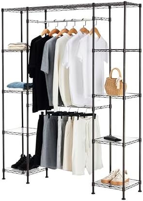 Amazon Basics Expandable Metal Hanging Closet Organizer and Storage Rack Wardrobe with Shelves, 57-80''L x 14''W x 72''H, Bronze by AmazonBasics