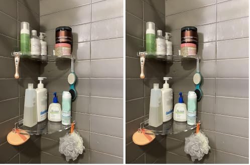 JiePai Acrylic Corner Shower Caddy Shelf with Hooks 4 Pack, Adhesive Wall Mounted Bathroom Shower Organizer for Inside Shower & Kitchen Storage, Space-Saving Design by JiePai