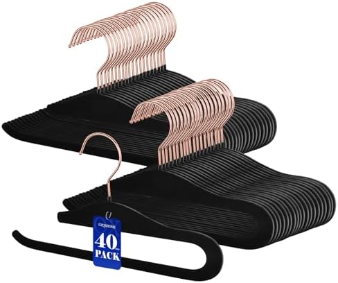 Velvet Hangers Non-Slip,40 Pack Open Ended Felt Jean Hangers,Heavy Duty Space Saving Flocked Hangers for Pants Slack Skirts Tank Top Towel,360° Swivel Golden Hook (40, Black) by GZQXHOME