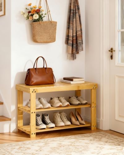 Amada 3 Tier Bamboo Shoe Rack Bench for Entryway, Living Room, Natural - Image 2