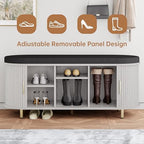 DHH 2-Tier Storage Bench,Wide Shoe Bench with Thickened Padded Seat Cushion, Mid Century Modern Fluted Sliding Door and Adjustable Shelf, for Entryway, Living Room, Bedroom (Grayish White, 43.3“) - Image 6