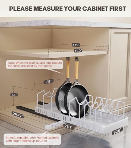 Pull Out Pots and Pans Organizer Under Cabinet, Expandable Sliding Lid Holder and Pan Rack for Kitchen, Slide Out Inside Cabinet for Pot Lid, Bakeware, Dishes, 10 Adjustable Dividers, 1 Pack White - Image 2