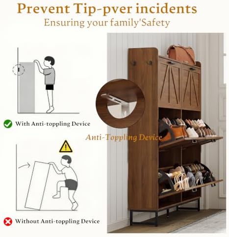 Shoe Cabinet Storage for Entryway, Shoe Storage Cabinet with 6 Flip Drawers, Freestanding Narrow Shoe Rack Organizer with Metal Legs, Adjustable Shelves & Open Storage for Foyer, Hallway, Walnut - Image 7
