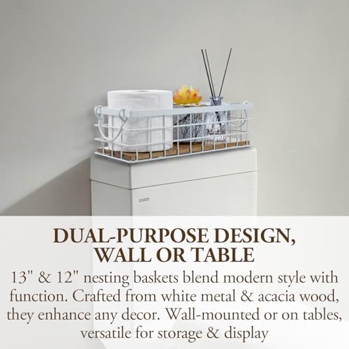 MyGift 13 and 12 Inch Nesting Storage Baskets with Handles, Wall Mounted or Tabletop White Metal Wire and Premium Acacia Wood Decorative Shelf Organizer Bins, 2 Piece Set - Image 2