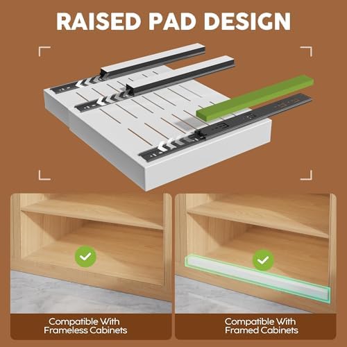 Seinloes 4 Pack Expandable Pull Out Cabinet Organizer 21"Deep With Raising Pad for Framed Cabinets,Upgrade 3 Slide Rails Slide Out Drawers,Roll Out Shelves Adhesive,Adjustable Width 15.15"-26.3" White - Image 2