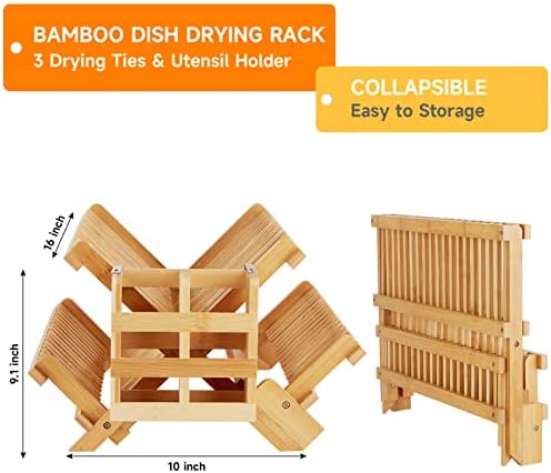 Bamboo Dish Drying Rack, 3-Tier Collapsible Wooden Dish Rack with Utensil Holder, Bamboo Dish Drainer Rack for Kitchen Counter 25pcs - Image 4