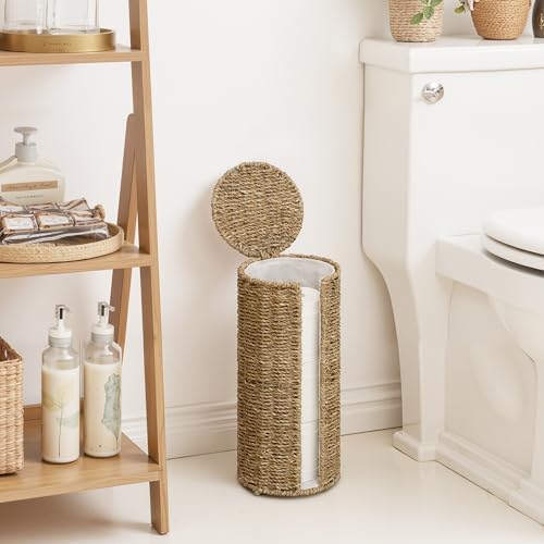 StorageWorks Seagrass Free Standing Toilet Paper Holder Stand for Bathroom, 3 Rolls of Toilet Tissue Storage with a Built-in Cloth Lining, Toilet Roll Holder Stand with Lid - Image 2