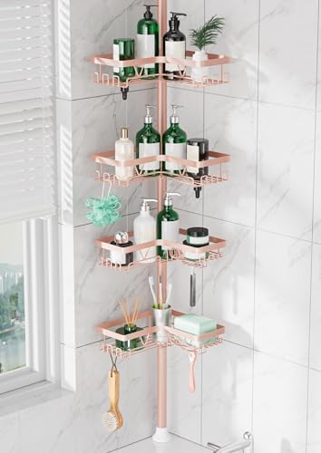 DAOYA Corner Shower Caddy Tension Pole - 4‑Tier Adjustable Shower Shelf Organizer Space‑Saving Bathroom Storage for Bathtub or Floor, Apricot by DAOYA