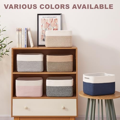 OIAHOMY 4 Pack Storage Basket, 13"x9"x7.8" Cotton Rope Baskets for Shelves, Closet Organizer for Bedroom & Living Room, Soft Decorative Bins for Organizing Towels, Books & Toys, Olive Green & White - Image 6