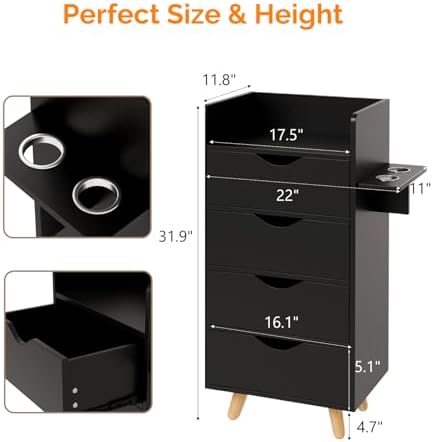OmySalon 4 -Layer Salon Storage Cabinet,Beauty Barber Salon Styling Station Organizer Equipment,Hair Stylist Station Set with 2 Hair Dryer Holders，4 Drawers and Raised Table Legs, Black - Image 3