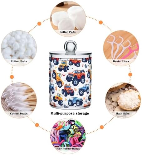 4 Pack Qtip Holder Dispenser with Lids,Cute Monster Trucks Plastic Storage Containers,Bathroom Canisters Organizer for Cotton Ball,Cotton Swab,Cotton Round Pads,Floss 21219995 - Image 3