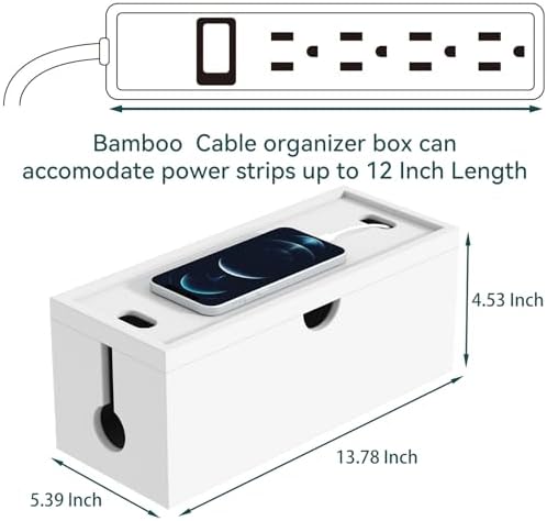 Bamboo Cable Management Box, Large Cord Organizer Box Cable Box to Hide Wires & Power Strips for Desktop Storage Cord Holder for Office Home,No Assembley Required (All White, 1Medium) - Image 3