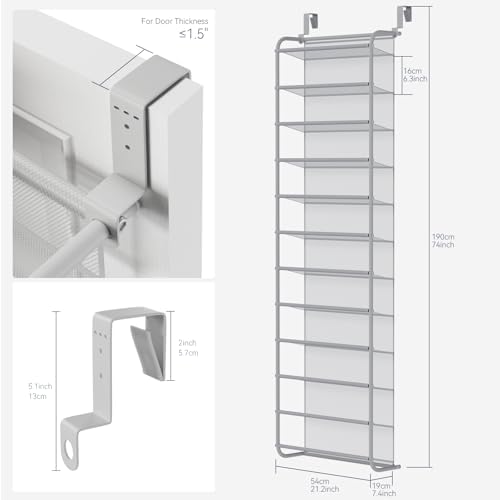 Whitmor 36 Pair Over The Door Shoe Organizer, 12 Tier Hanging Shoe Organizer, Heavy Duty Metal & Mesh Shoe Holder, Hanging Shoe Rack for Closet Organizer & Storage, 74"H x 21.7"W x 7.5"D, Grey - Image 2