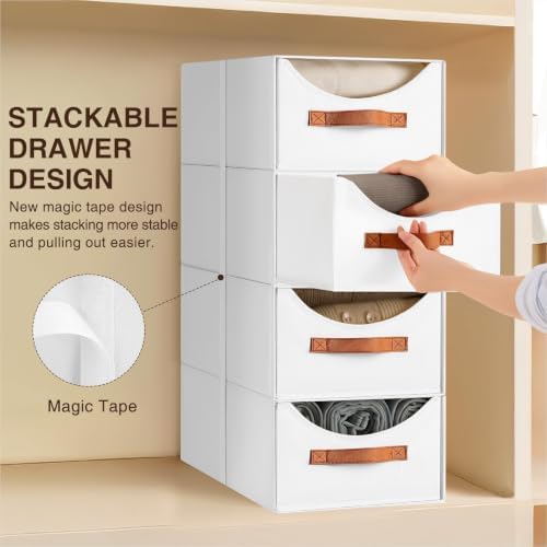 Homsorout Closet Organizers and Storage - Large Stackable Storage Bins with Drawer, Fabric Bins for Organization, Collapsible Storage Drawers Organizer for Bedroom, Living Room, 4 Pack, White - Image 5