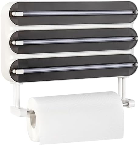 Aluminum Foil & Plastic Wrap Dispenser with Cutter - Magnetic & No-Drill Wall Mount, Cling Film Dispenser with Paper Towel Holder, Space-Saving 4-in-1 Kitchen Organizer - Fits 12" Roll, Black by Quasziwa