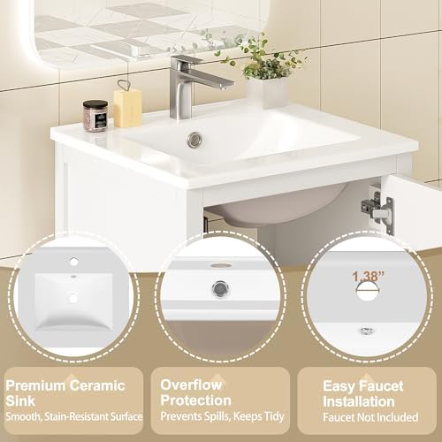 Harper & Bright Designs 20" Bathroom Vanity with Sink, Free Standing Single Vanity Set with One Divider Drawer, and Door Storage Shelf, Wooden Storage Cabinet with Ceramic Basin for Bathroom, White - Image 7