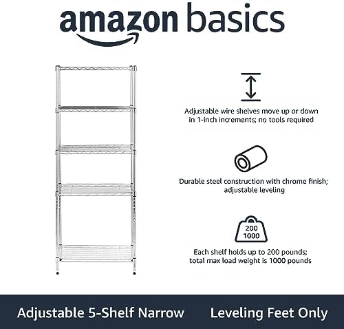Amazon Basics 5-Shelf Adjustable Storage Shelving Unit for Garage, Steel Wire Rack, 200 Pound Loading Capacity per Shelf, 23.2" x 13.4" x 60", Chrome Finish - Image 2