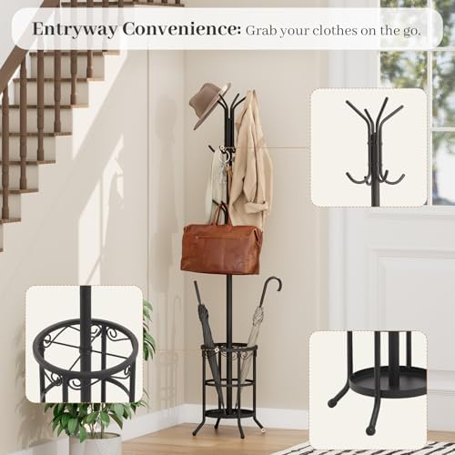 Coat Rack Freestanding with Umbrella Holder – Metal Hanger Stand, Hall Tree with 12 Hooks, Entryway Organizer for Hats, Bags, and Clothes (Black) - Image 3