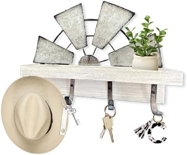 Windmill Key Holder Wall Mount, Decorative Wall Mounted Key and Mail Rack with Shelf, Farmhouse Wall Decor, 4 Rustic Hooks for Coats & Keys, White Western Key Holder. by RootyHeart