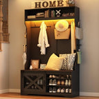 chartustriable 75''H LED Farmhouse Hall Tree with Bench and Shoe Storage,Entryway Bench with Coat Rack,12 Shoe Cubbies & Umbrella Holder,Mudroom/Hallway Storages Cabinet(Black) by chartustriable