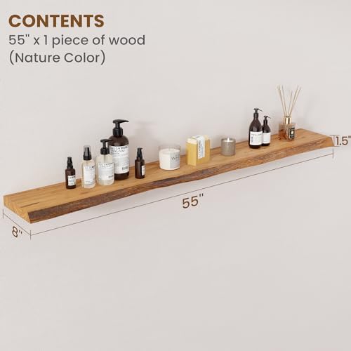 FLYJOE Floating Shelves for Wall Decor, Rustic Solid Elm Wood Live Edge Floating Shelves Wall Mounted, Wall Shelves with Invisible Bracket for Living Room Bathroom Bedroom Kitchen, 55 Inch, Natural - Image 2
