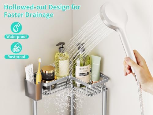 HapiRm Standing Shower Caddy Corner - 4 Tier Corner Shower Organizer with Toothbrush Holder and 16 Hooks, Large Capacity Rustproof Bathroom Shelves for Tall Bottles, Silver - Image 3