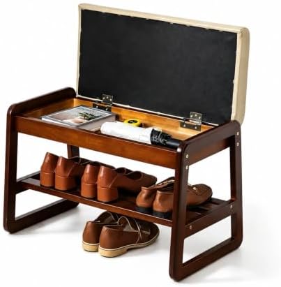 SOBIBO Solid Wood Shoe Rack Bench with Flip-Top Storage, Gray, 21.65" by SOBIBO