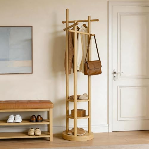 Coat Rack Freestanding, Solid Wood Coat Tree with 6 Hooks and 3 Storage Shelves for Bedroom, Entryway Living Room, Office, Corner Hanger Stand for Purse, Bag, Jacket, Hat by Unknown