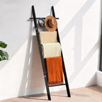 Farmhouse Wooden Blanket Ladder with Removable Hooks Black 6-Tier - Image 2