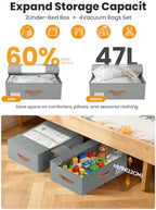 TOSKING 2-Pack Under Bed Storage Bins with Wheels, 4 Vacuum Bags, Heavy Duty 80 lbs, 7.9" Height, 47L Clear Lid Organizer, Space Saver for Dorm Bedroom Clothes Shoes Toys, Quick Assembly, Gray - Image 5