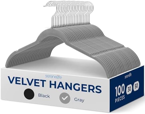 SereneLife 100 Pack Shirt Hangers, Heavy Duty Non-Slip Velvet Hangers with 360° Swivel Hooks, Slim Space-Saving Design for Tops, Jackets, Blouses, & Strappy Dresses (Gray) by SereneLife
