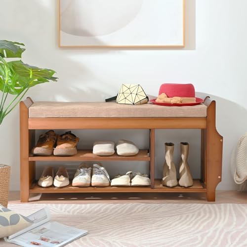 PETKABOO Shoe Bench with Hidden Drawer and Side Holder, 2 Tier Entryway Bench with Storage 39.4 in, Bamboo Shoe Rack with Cushion for Entryway Hallway Living Room Bedroom - Image 3