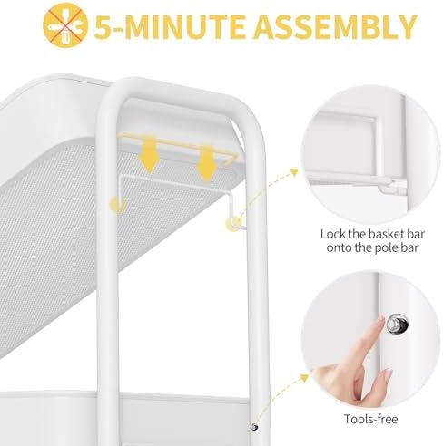 TOOLF 3 Tier Rolling Cart, Metal Utility Storage Cart with Pegboard, White - Image 4