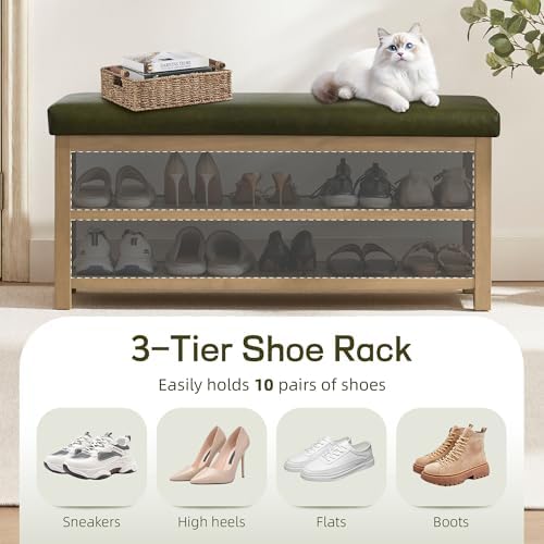 Zihanhome Shoe Rack Bench with Leather Cushion, 2 Tier Solid Wood Storage Bench, Mid-Century Modern Shoe Bench for Entryway, Hallway, Closet, Front Door Entrance, Foyer (Green, 46.5) - Image 6