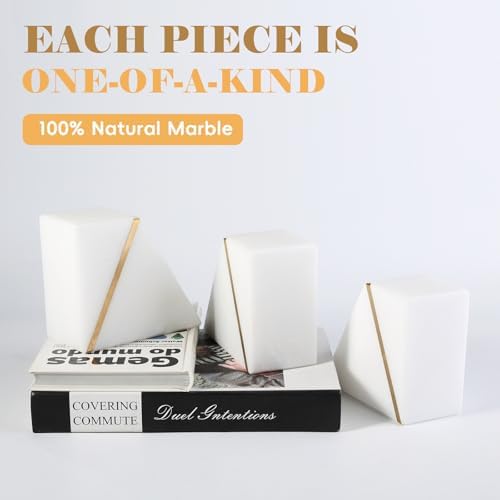 Natural Marble Bookends for Shelves, Decorative Book Ends for Heavy Books, Heavy Duty Mid Century Modern White and Gold Stone Book Holders with Brass Inlay, Unique Bookshelf Stopper Decor, Set of 2 - Image 2