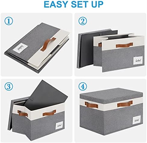 Large Storage Bins with Lids, Foldable Fabric Storage Baskets with Lids, Sturdy Storage Boxes with Labels and 3 PU Handles for Closet Home Bedroom Office (26L, 3 Packs, Grey&White) - Image 5