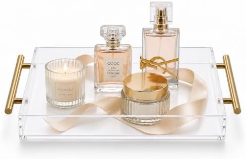 Clear Acrylic Tray 14x11” with Golden Metal Handles - Large Plastic Tray for Serving Guests, Countertop Organization, Ottoman Coffee Table & Vanity – Modern Decorative Tray for Home & Office - Image 2