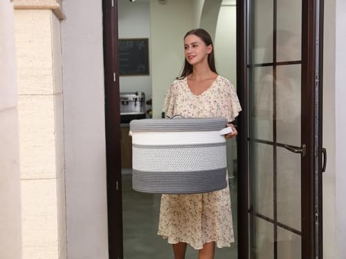 20x15 Inch Extra Large Round Cotton Rope Storage Basket with Lid, Decorative Woven Bin with Cover for Living Room Bedroom Closet, Grey Mix & Dark Grey - Image 4