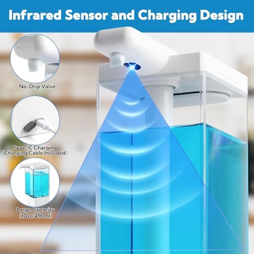 2 Pack Automatic Soap Dispenser Touchless, 16.5oz Rechargeable Liquid Hand Soap Dispenser for Kitchen Sink, Bathroom, Laundry Detergent Dispenser with 3 Adjustable Levels, Non-Slip Base - Image 5
