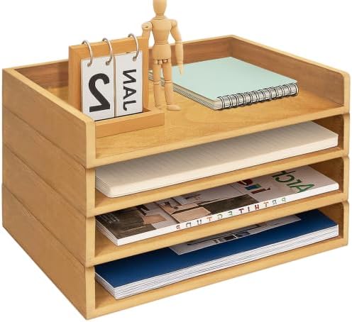 Prolee Stackable Paper Tray,Wooden Paper Organizer for Desk with 4 Letter Trays,Papers Holder and Office Document Organizer Shelf for Mail File Document(Oak,12" x 8" x 1.5") by Hamstercages
