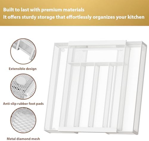 Sedegn Expandable Kitchen Utensil Organizer - 9.6" to 16.1" Adjustable Cutlery Tray with 5-7 Compartments - Fits Various Drawer Sizes & Holds Large Ladles Spatulas Forks Spoons & Knives White - Image 3