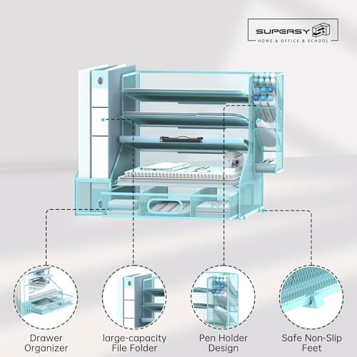Desk Organizer with 5 Tier File Holder and Sliding Drawer Pen Holder Black - Image 3