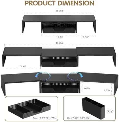 LEKETREE Dual Monitor Stand Riser with Drawer and 2 Pen Holders, Black - Image 7